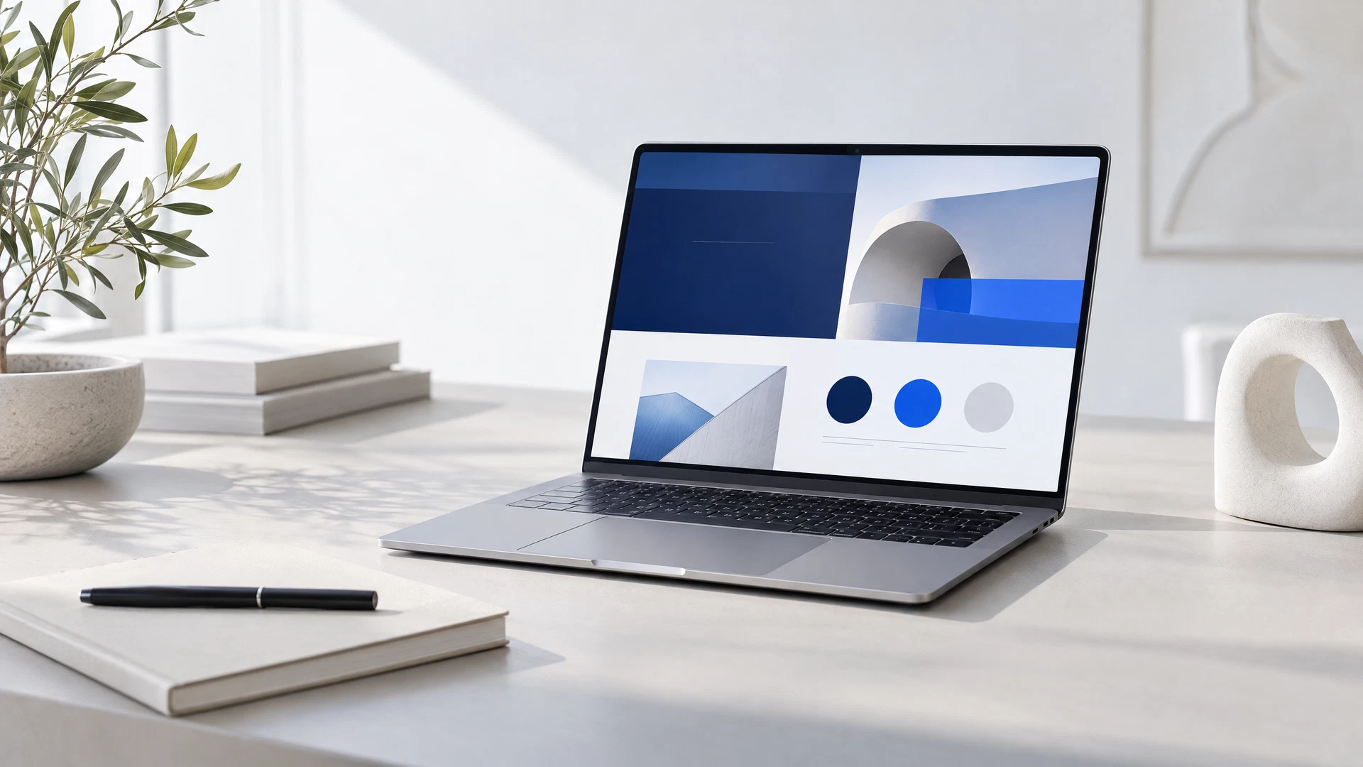 AI-generated minimalist workspace with a silver laptop displaying a website concept