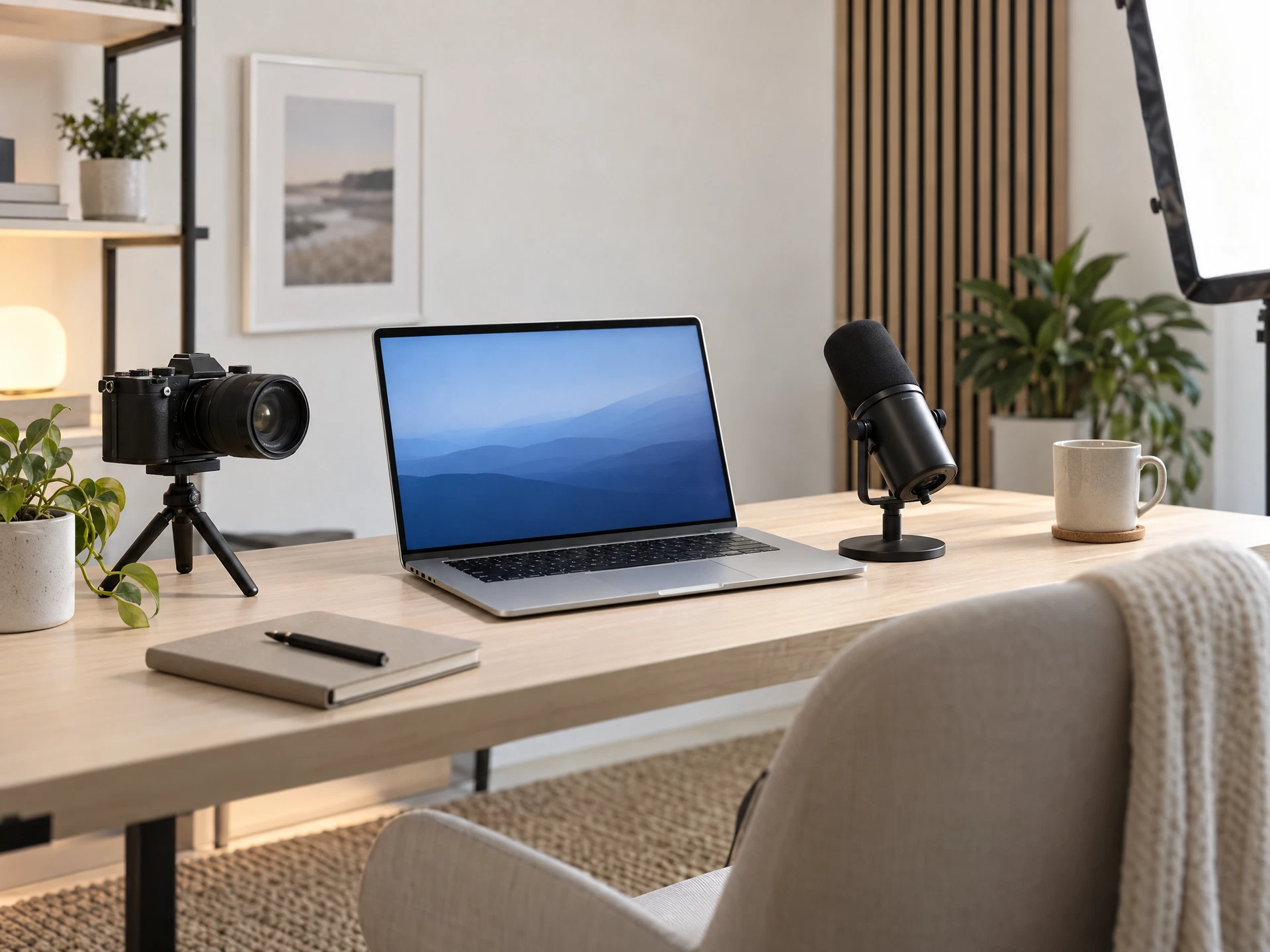 AI-generated home content studio with camera, microphone, laptop, and soft lighting